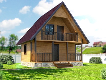 Баня из бруса 6×4 с террасой и балконом (Б-3), 24 м²