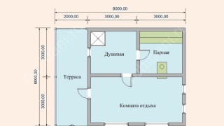 Баня из бруса 6×8 с террасой и чердаком (Б-62), 48 м²